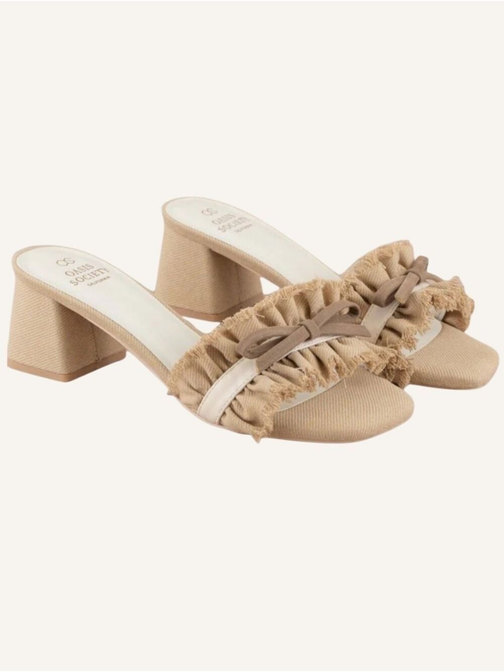 Oasis Society Julissa Khaki Ruffle Bow Heel Sandals Size 8 NWT
